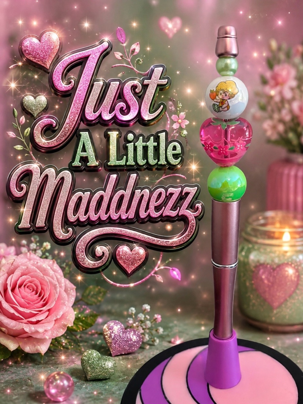 Pink Beaded  Pen with Heart Accents